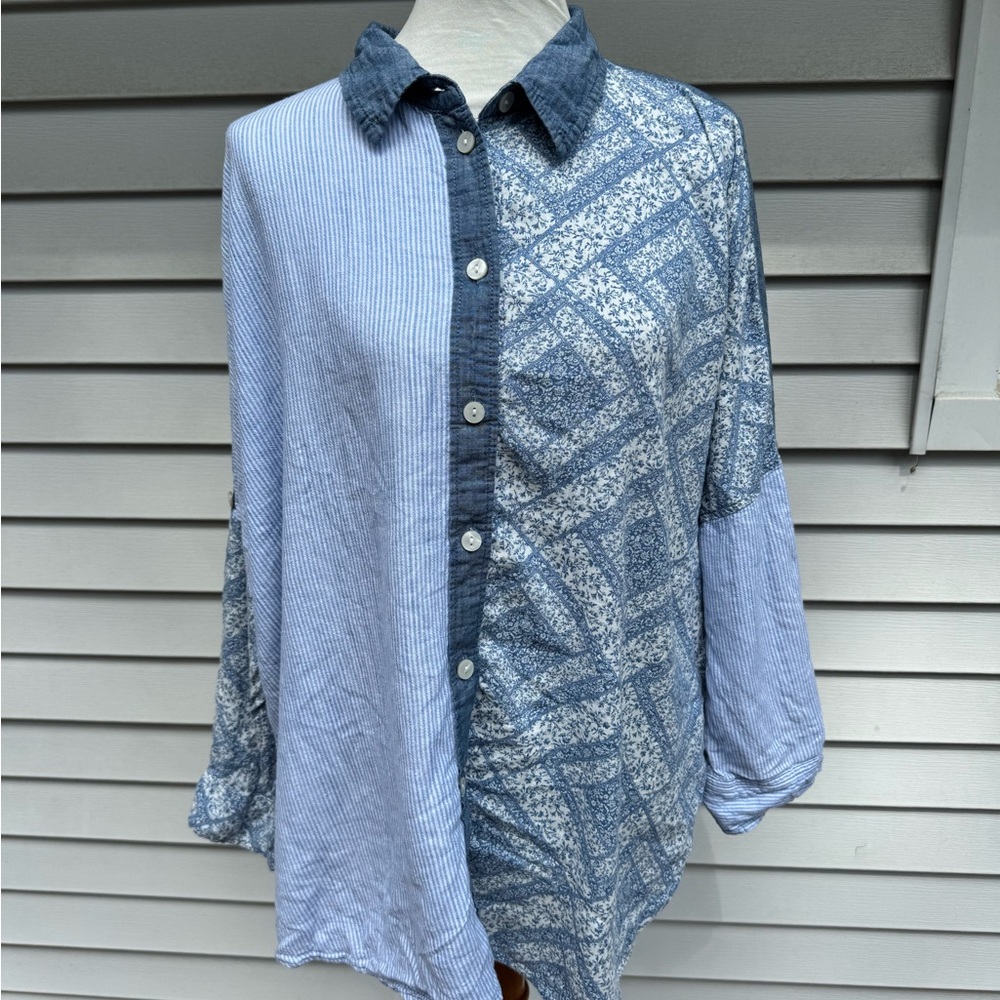 American Eagle Outfitters Blue Button Down Shirt coverup beach patchwork